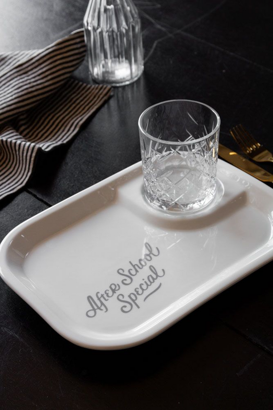 brass money after school special ceramic serving tray | white